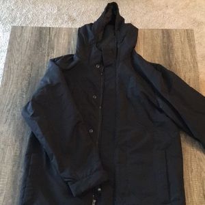 Black coat with hood; size medium